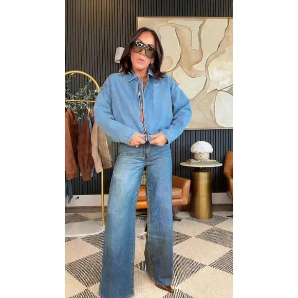 Denim Bomber Jacket Zip Up Draped Loose Fit Collared Casual Lightweight - Picture 8 of 8